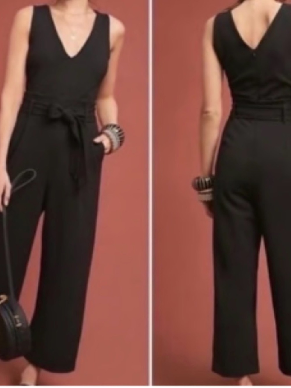 Anthropologie Black V-Neck Sleeveless Tie-Waist Jumpsuit